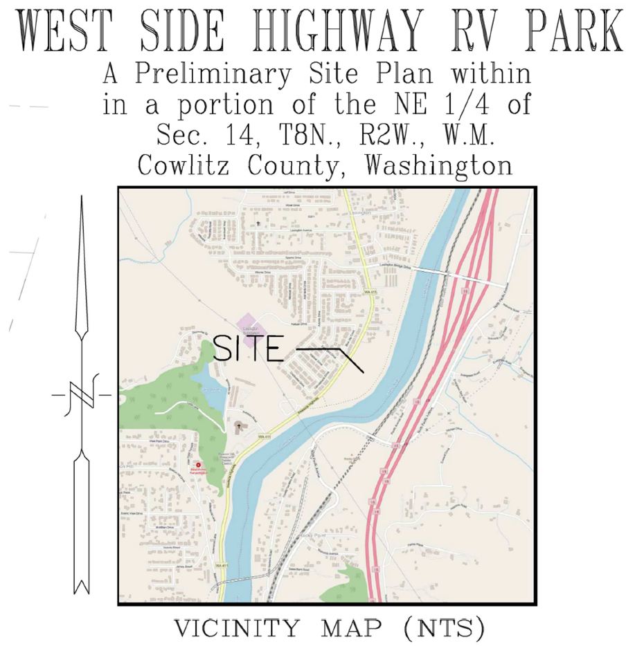 Map showing the project location of Section 408 0377-FY25 West Side Highway RV Park Project. The project is located along the riverward (east) side of the Westside Highway, SR 411, at Early Bird Dr. in Kelso, Cowlitz County, Washington.